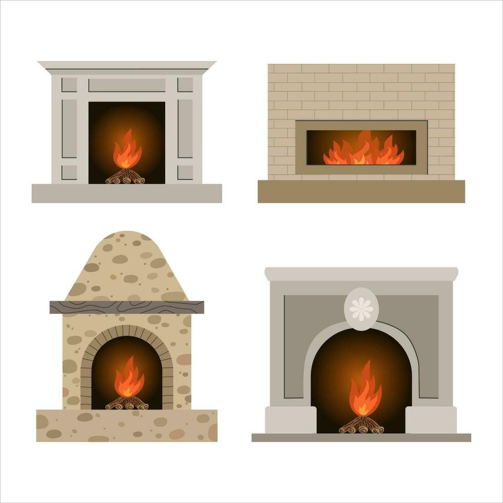 Set of four different fireplaces with fire in flat style. Elements of the living room interior. For decor poster, card, print vector