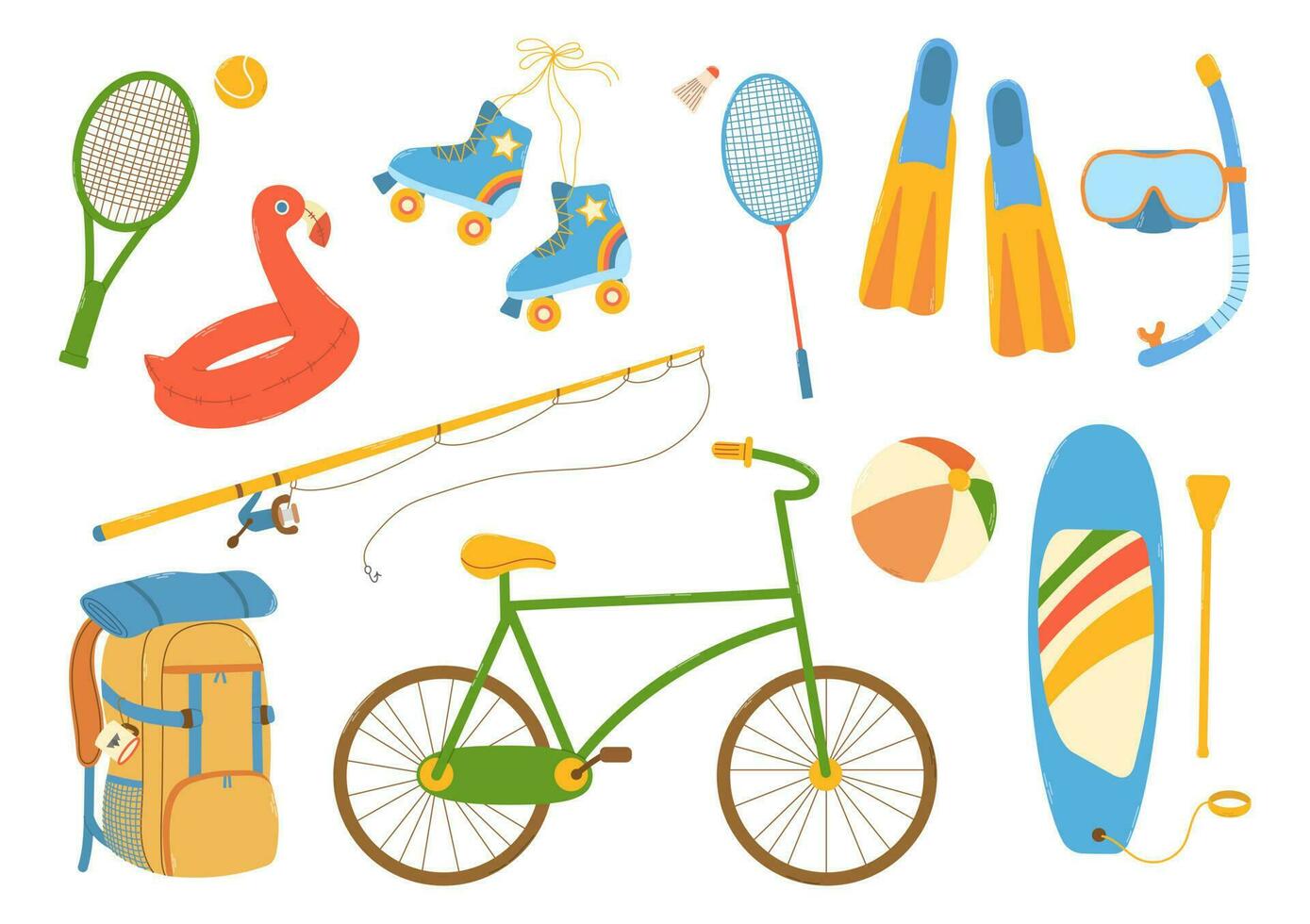Big set items of beach and outdoor summer activities. Bicycle, roller skates, sup board, hiking backpack, diving mask and fins, badminton, tennis, fishing rod. Flat hand drawn vector illustration