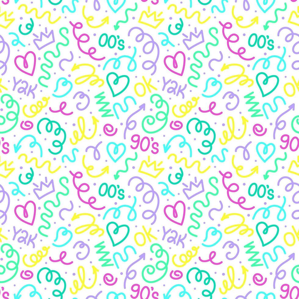 Trendy squiggles seamless pattern. Fun colorful line doodle with shapes crown, heart, numbers of 90s, 00s, y2k with curly confetti. Simple childish print. For textile, backdrop, packaging vector