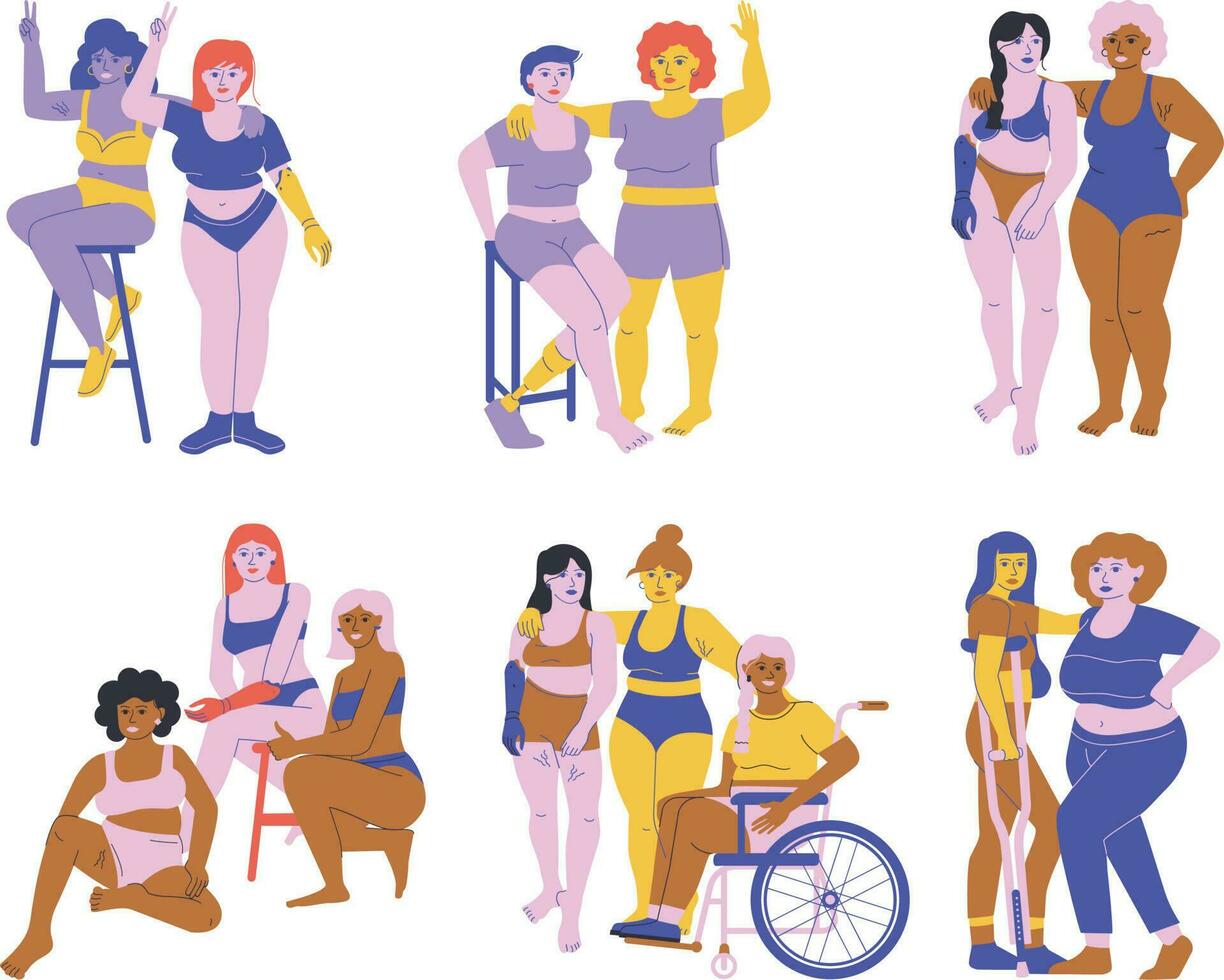 conjunto de gente. conjunto de grasa mujer. mujer en diferente poseer vector Arte