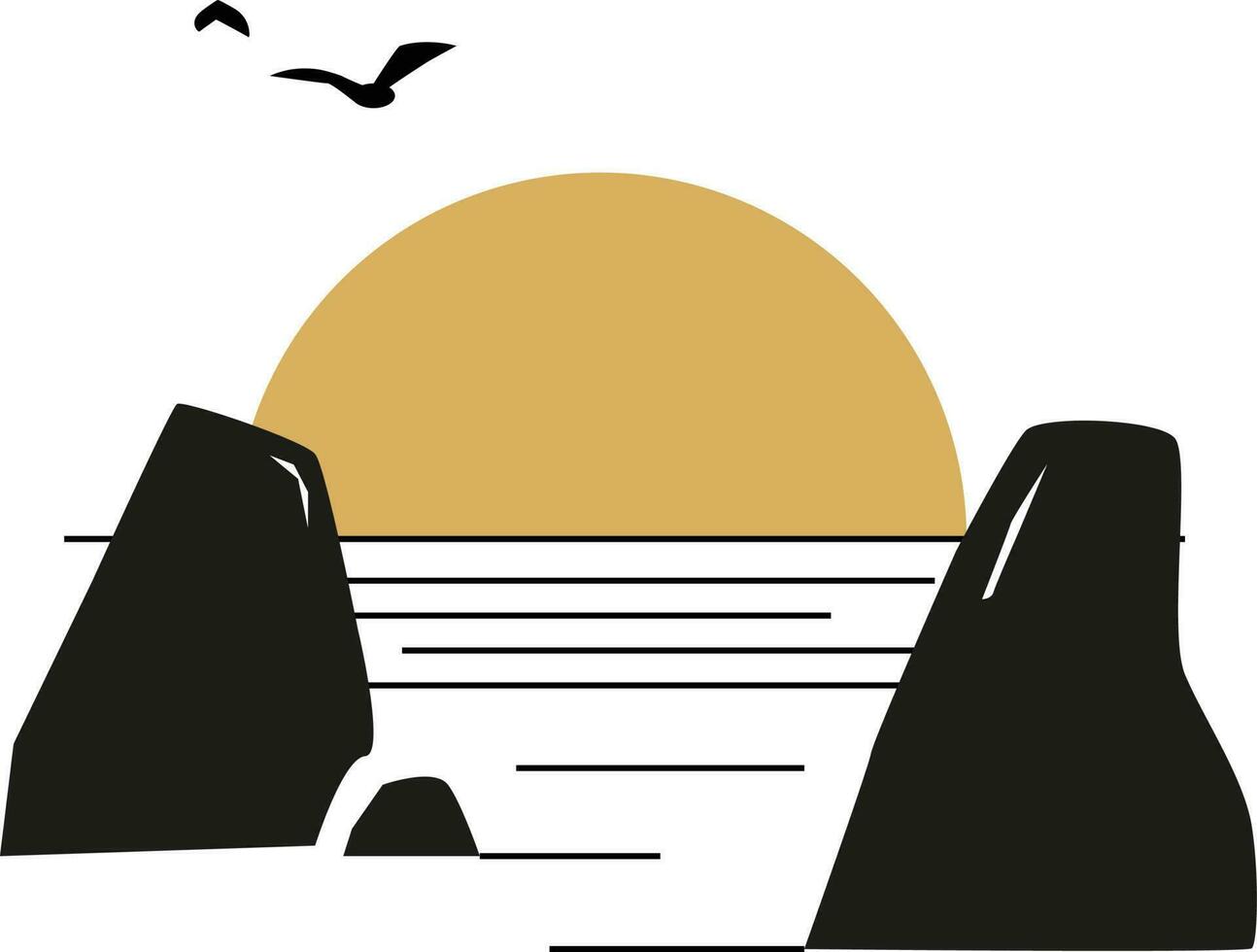 Vector illustration of a sunset over the sea. Black silhouette on a white background.