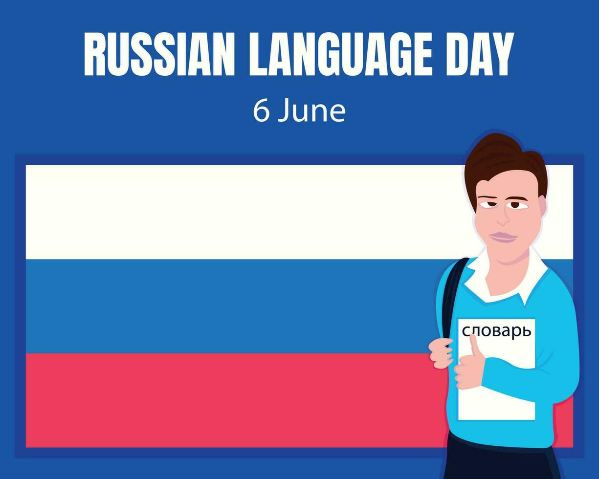 illustration vector graphic of a student brings a Russian language dictionary, showing russian flag background, perfect for international day, russian language day, celebrate, greeting card, etc.