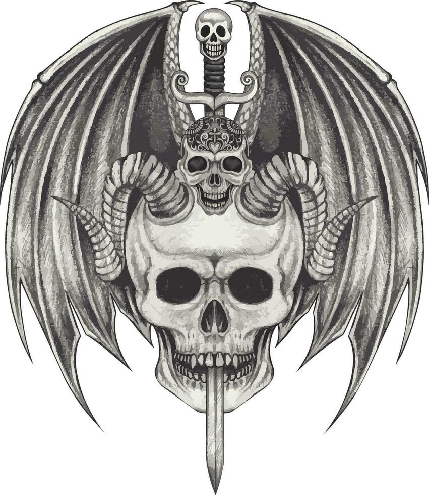Fantasy surreal wings devil skull tattoo. Hand drawing and make graphic vector. vector