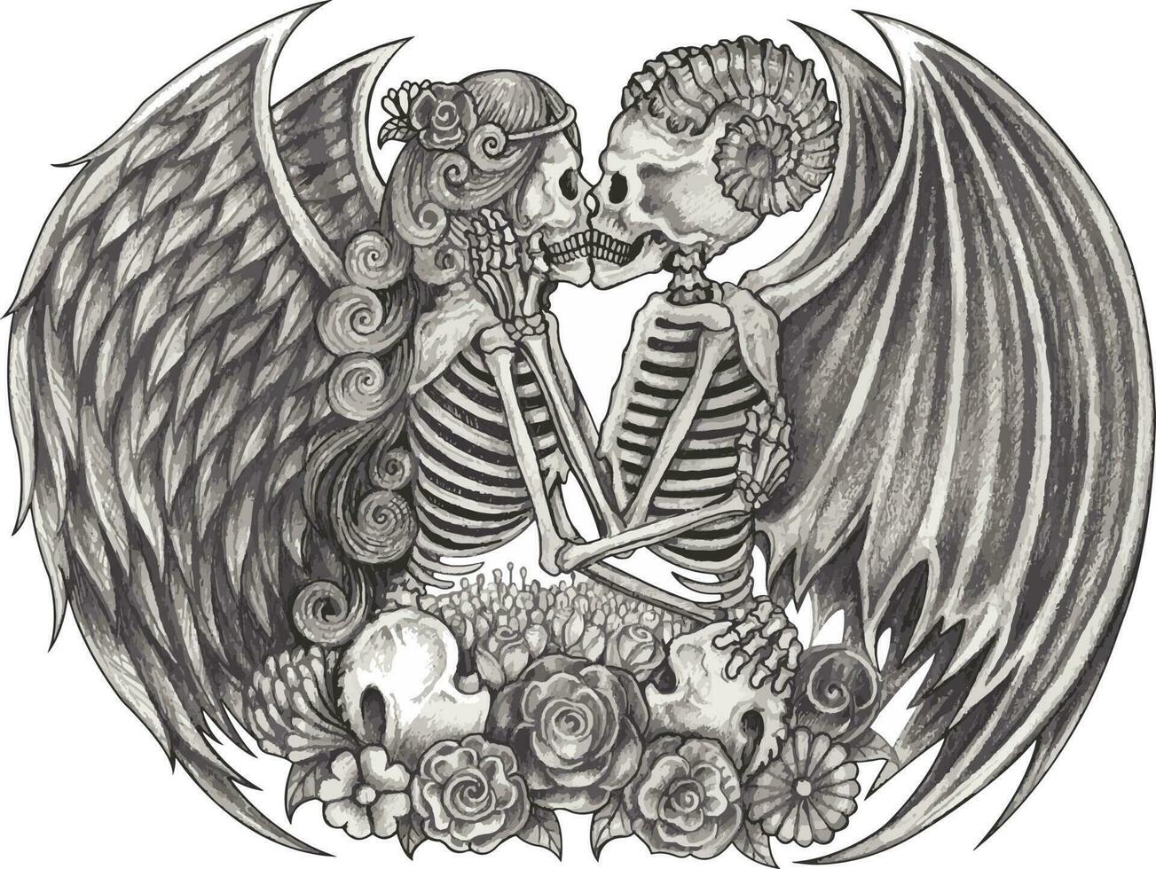 Pareja fantasía diablo y ángel calaveras mano dibujo y hacer gráfico vector. vector