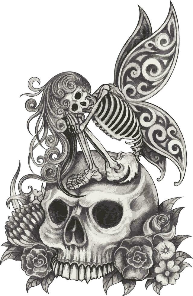Fantasy fairy skull.Hand drawing and make graphic vector. vector