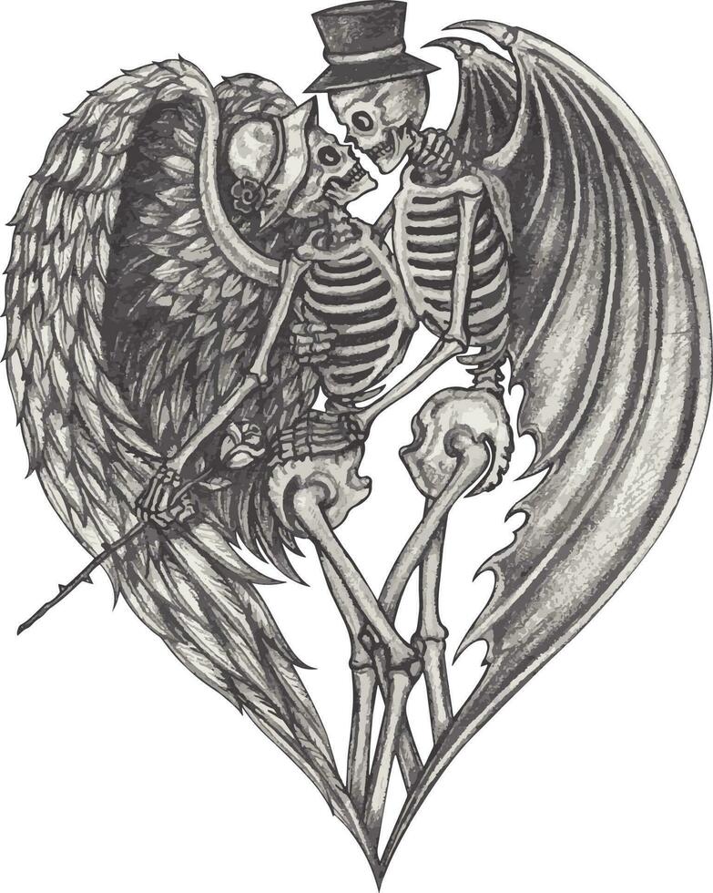 Fantasy couple angel and devil skulls. Hand drawing and make graphic vector. vector