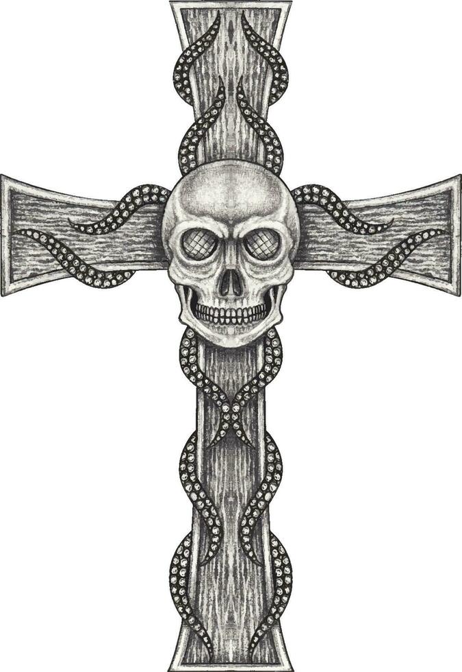 Fancy surreal skull cross. Hand drawing and make graphic vector. vector