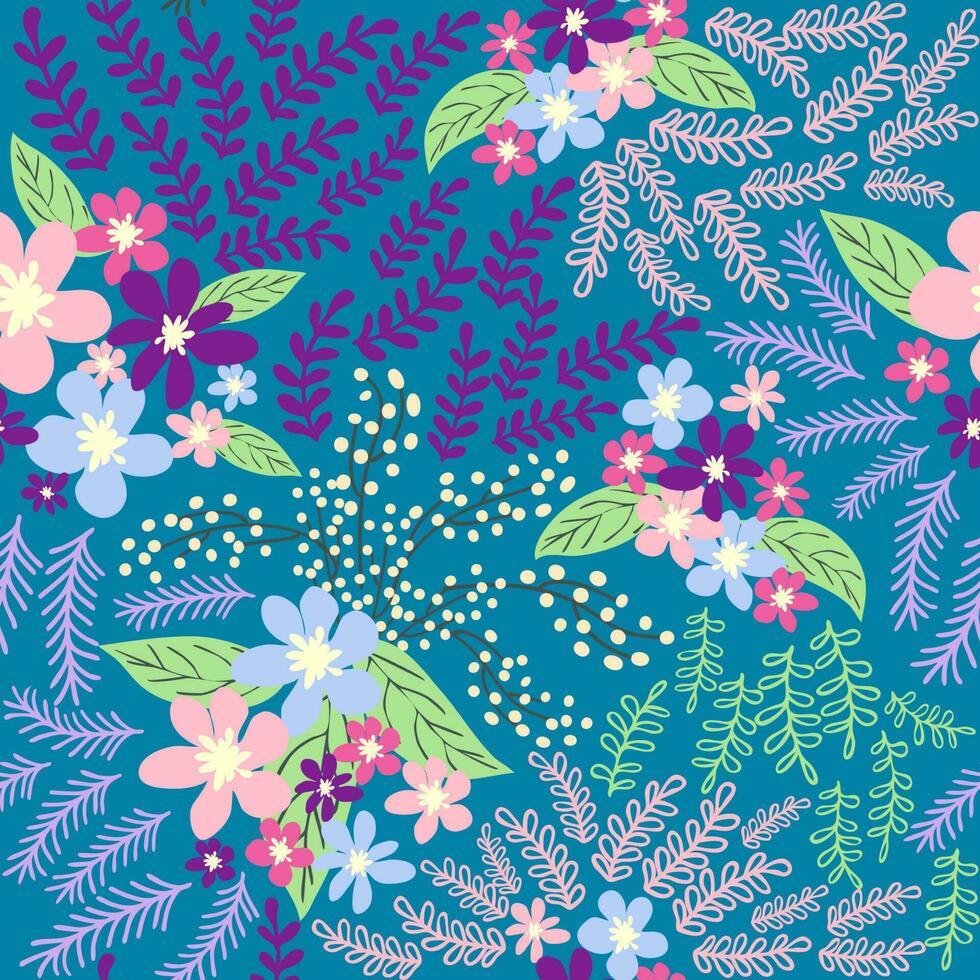 Fantasy seamless floral pattern with blue, pink, purple, red, orange flowers and leaves. Elegant template for fashion vector