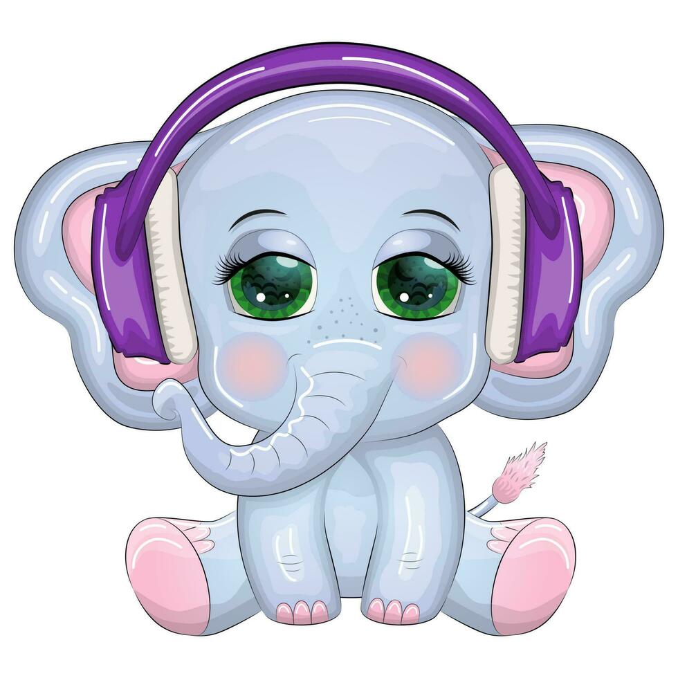 Cute cartoon elephant, childish character with beautiful eyes wearing headphones, music lover listening to music vector