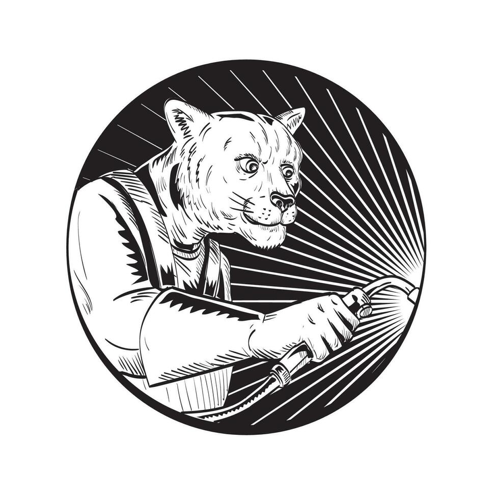 montaña león o Puma con soldadura antorcha circulo línea dibujo negro y blanco vector