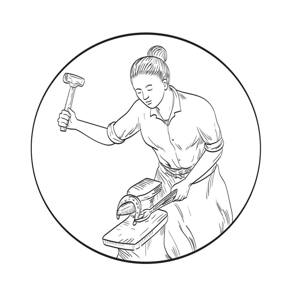 Female Blacksmith Farrier Working on Horseshoe Anvil Front View Comics Style Drawing vector