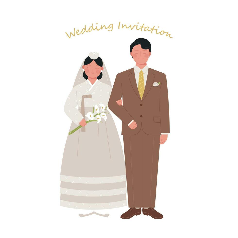 wedding invitation. Retro style groom and bride characters wearing hanbok. vector
