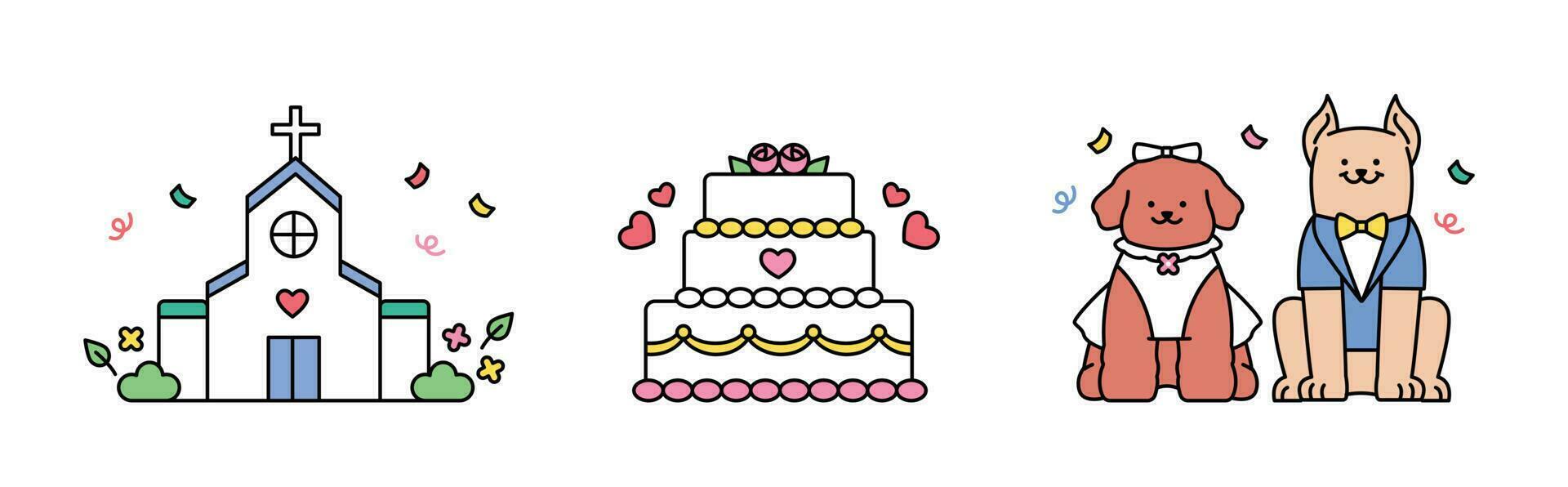 wedding. Church, wedding cake and dogs in wedding dresses. vector