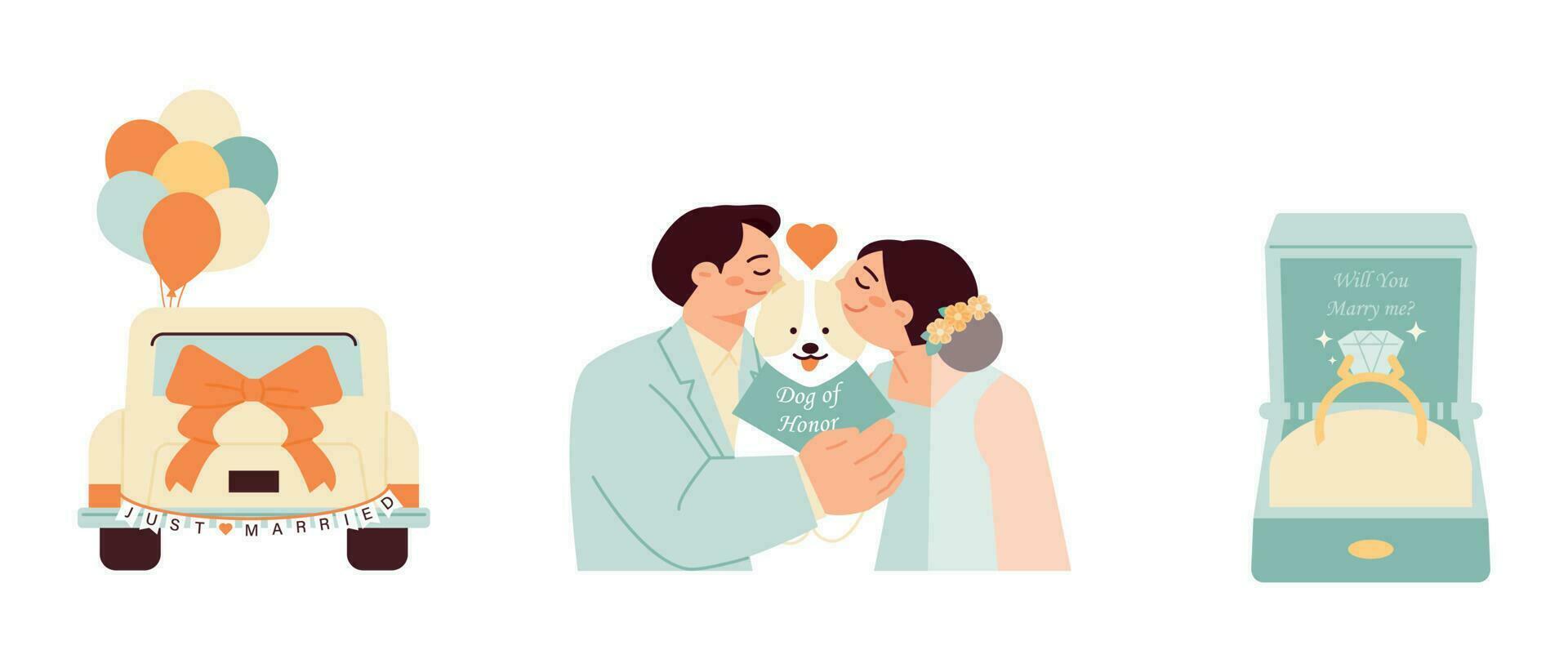 wedding. The groom and the bride as a family with a wedding car and a dog. wedding ring. vector