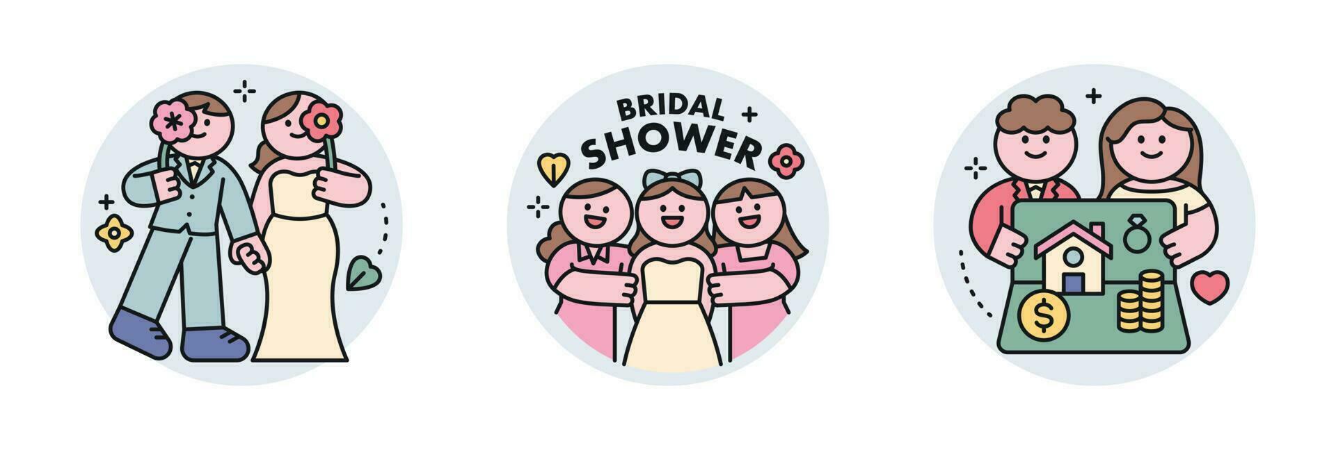 wedding. Bride and groom with flowers, bridal shower, wedding planning. vector