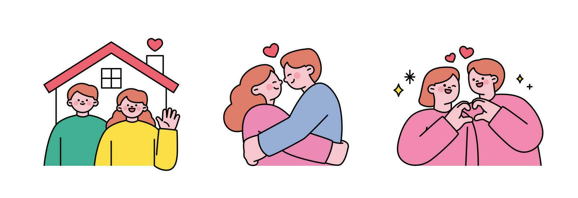 Wedding day. newlyweds' house. A couple hugging each other. A couple holding hands. vector