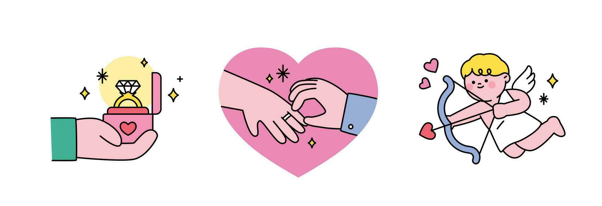 Wedding day. A hand holding a wedding ring. A hand putting on a wedding ring. Cupid with an arrow. vector