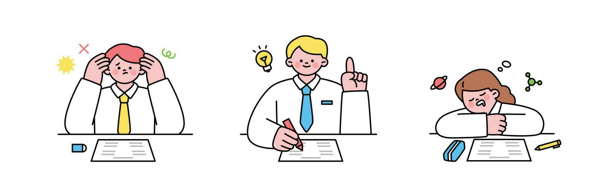 Education. Students studying hard and taking exams. vector