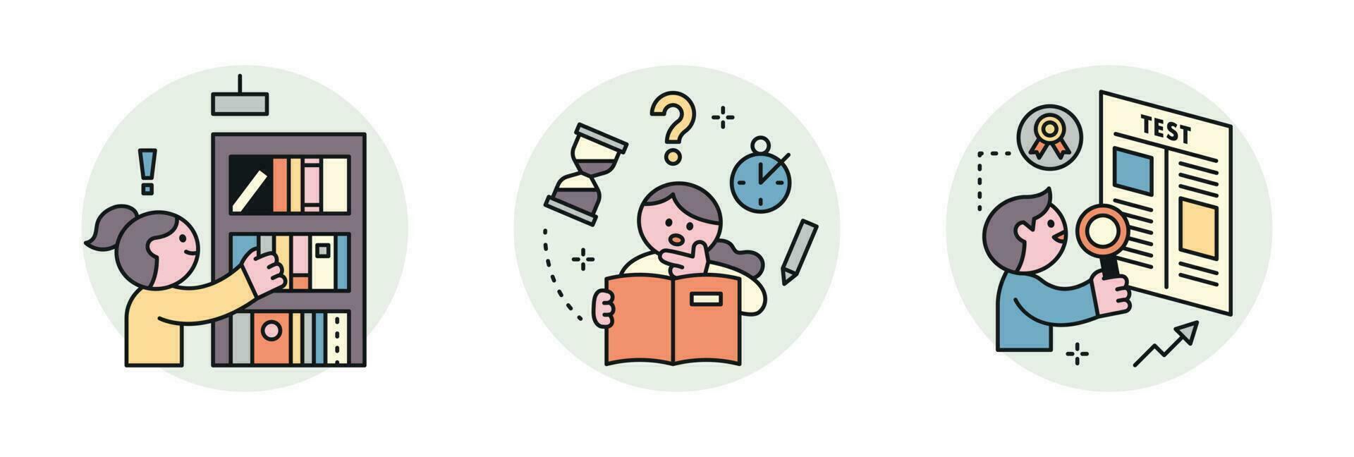 Education. Students studying hard and taking exams. Library, test preparation, answer search. vector