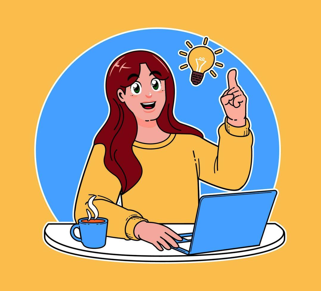 woman working on a laptop, working on implementing new ideas at work, a cup of hot coffee vector