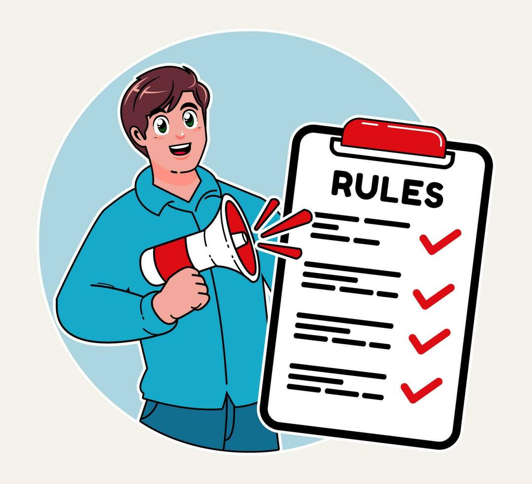 a man explaining the list of rules and laws, a checklist guide to rules vector