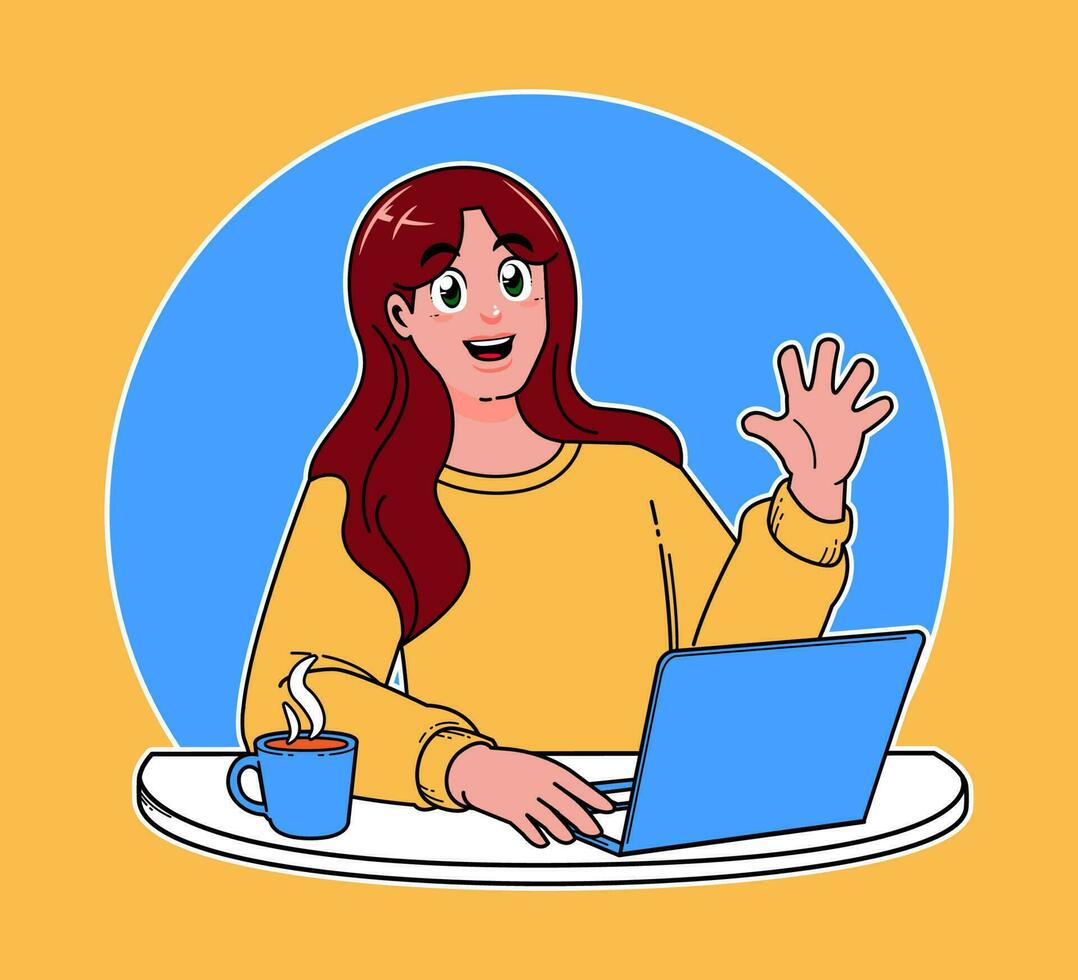 woman working on a laptop, working on implementing new ideas at work, a cup of hot coffee vector