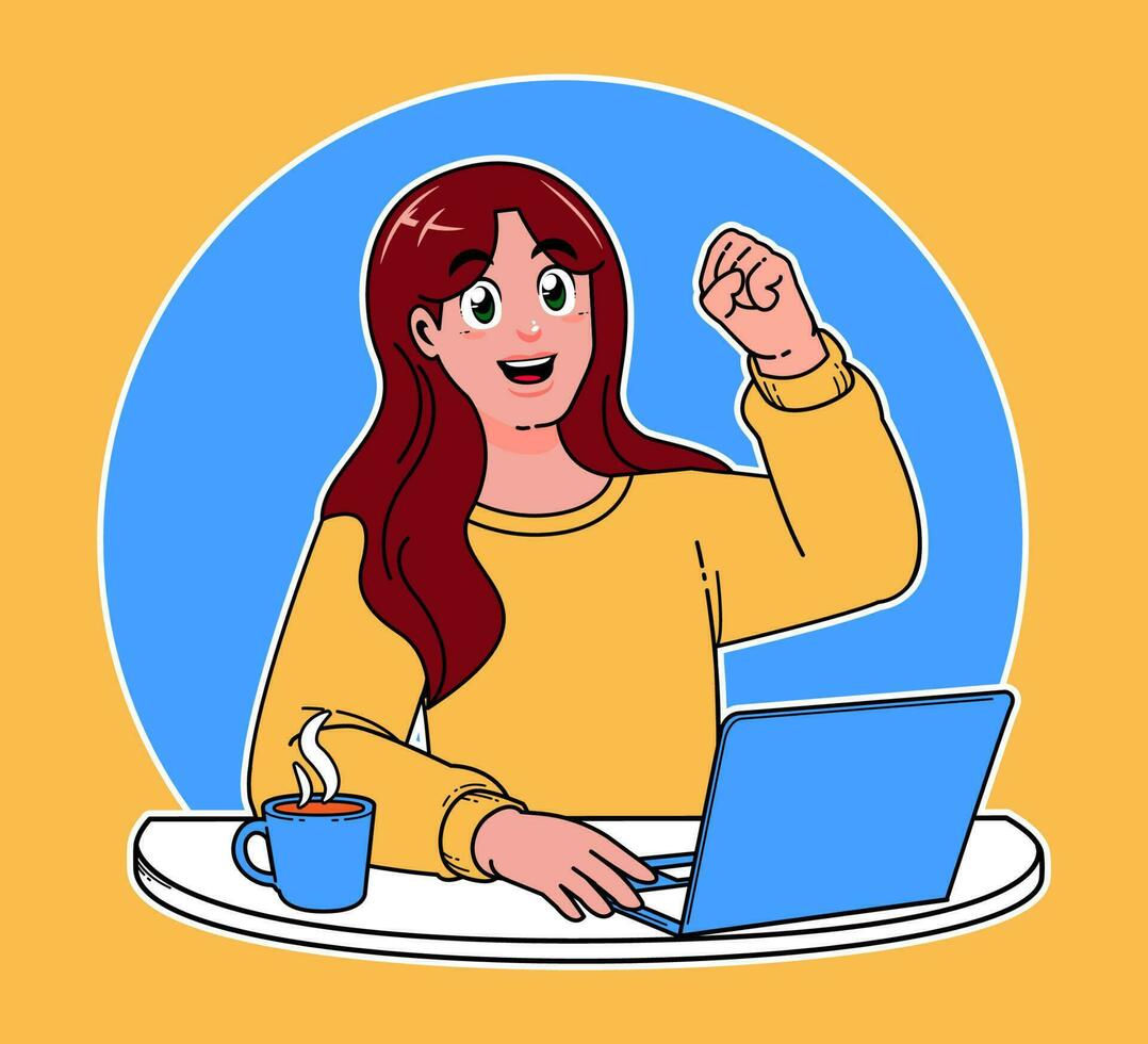 woman working on a laptop, working on implementing new ideas at work, a cup of hot coffee vector