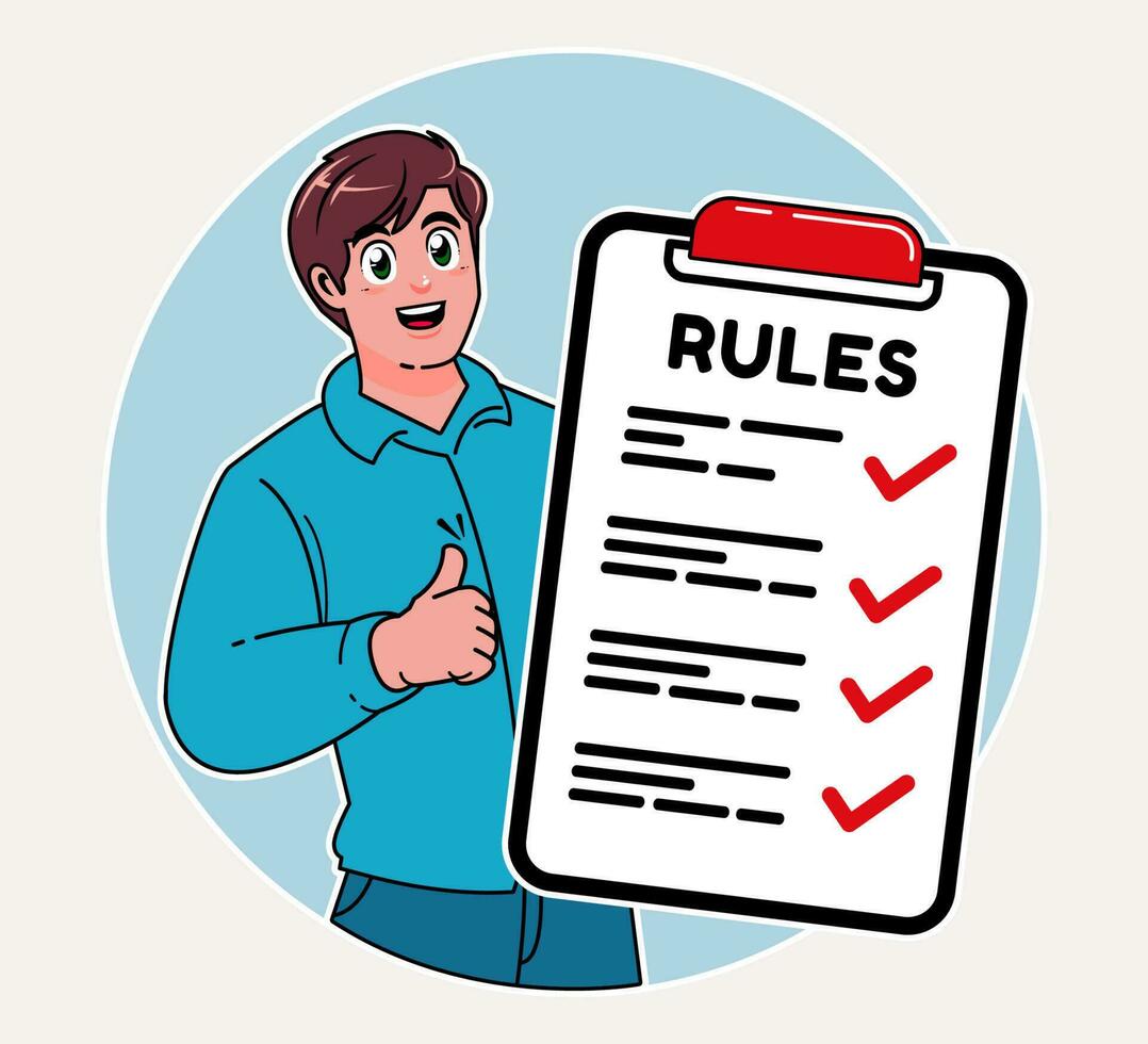 a man explaining the list of rules and laws, a checklist guide to rules vector