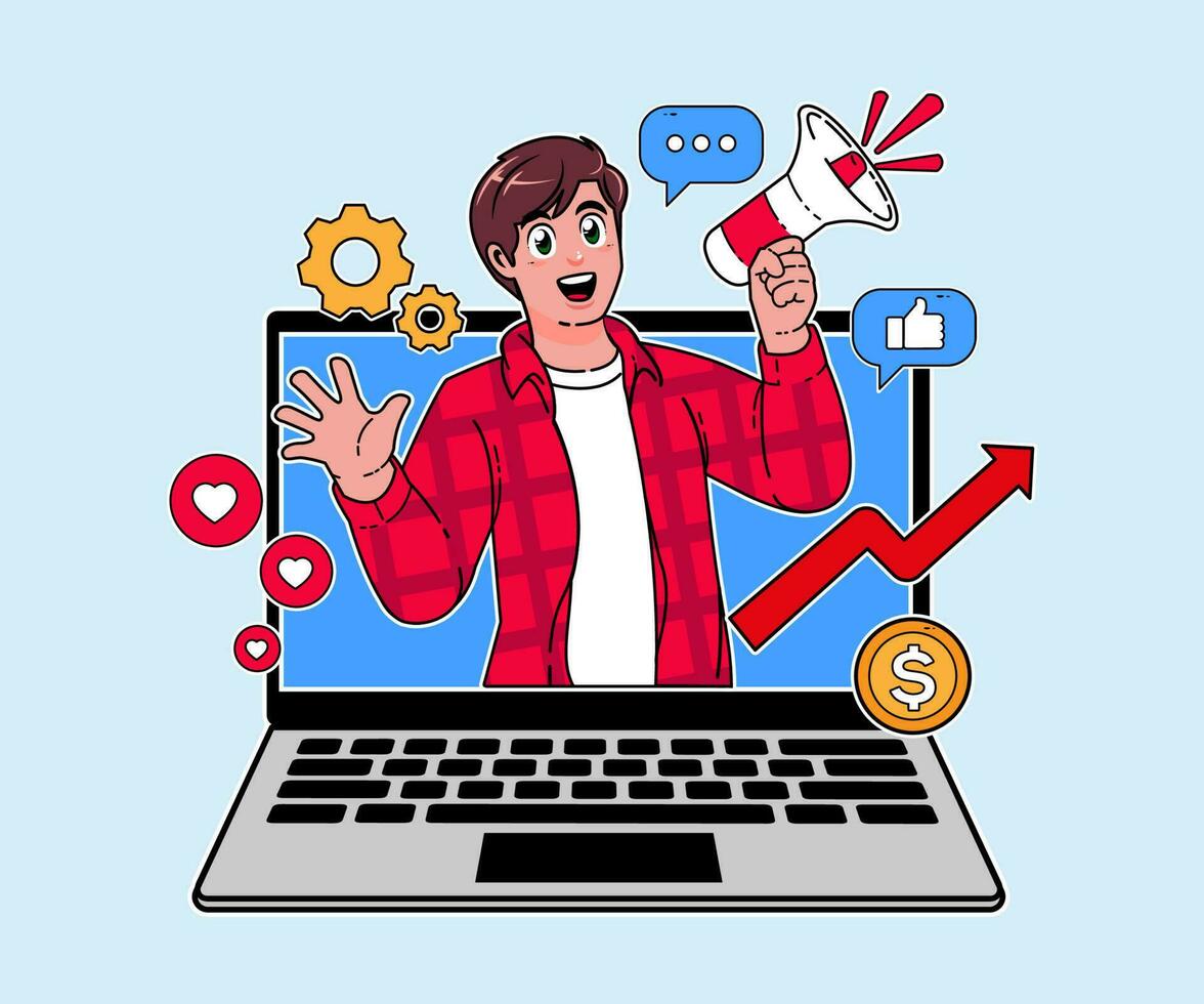 social media marketing, digital marketing with laptop symbol vector