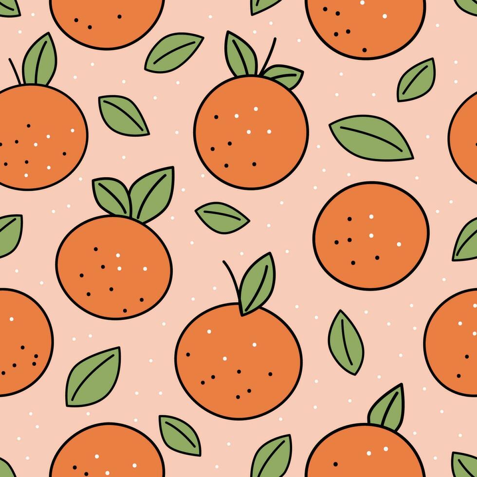 Seamless pattern with orange fruit and leaves on light background. vector