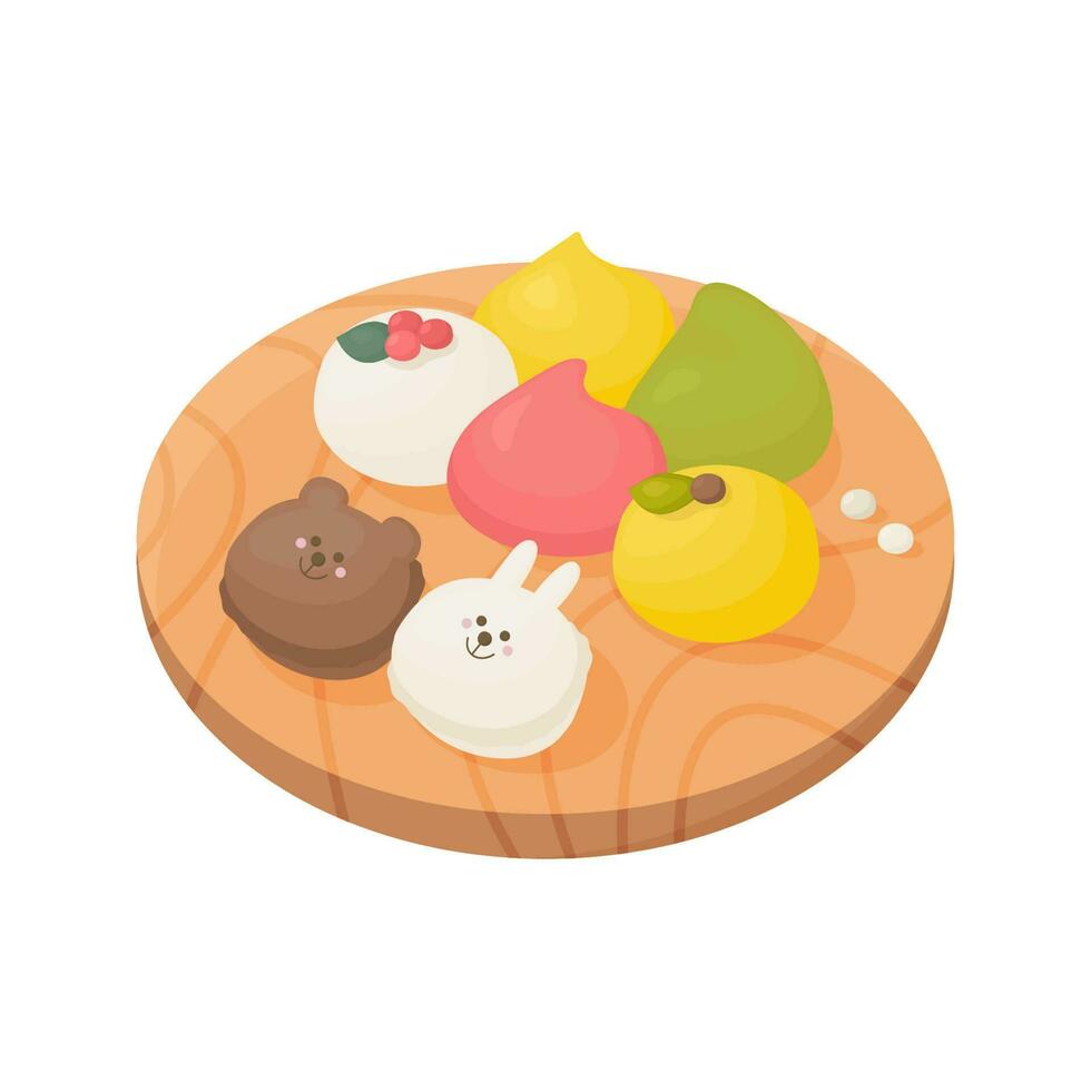 Set of various wagashi, mochi, rice cake and cute macaron cookies on wooden plate vector