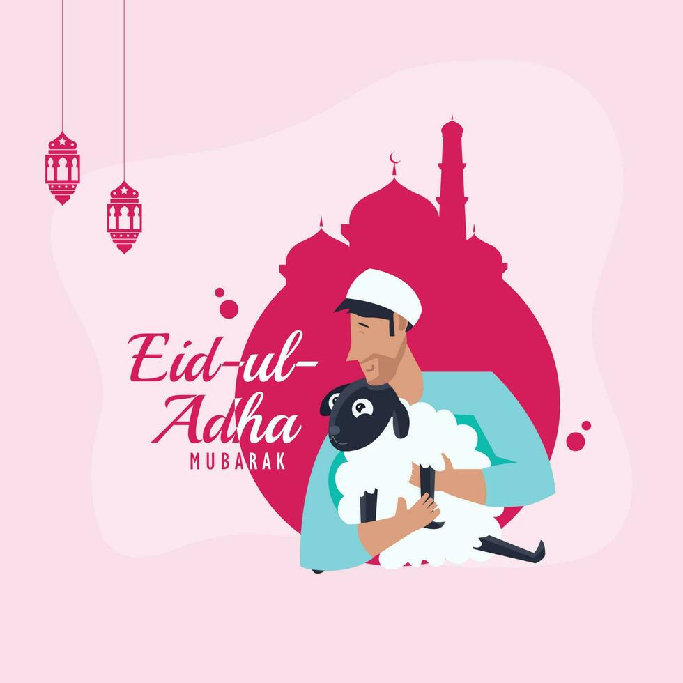 Eid-ul-Adha social media banner with dark pink mosque background. vector