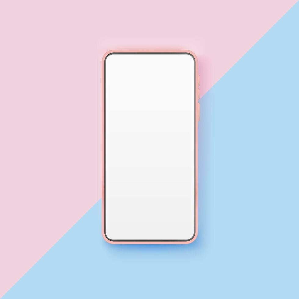 Pink realistic smartphone mockup on pastel color background. 3d mobile phone with blank white screen vector