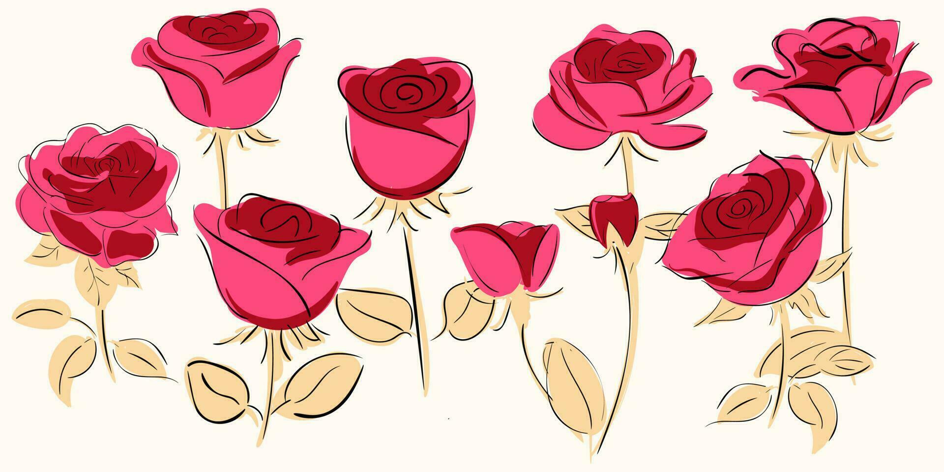 Red roses hand drawn set. Black line red rose flowers inflorescence silhouettes isolated on white background. Roses collection Vector doodle illustration