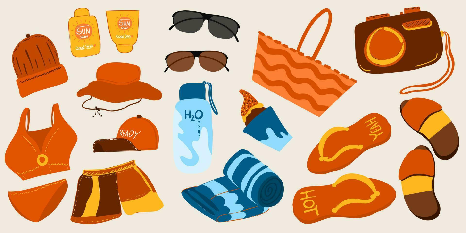 verano y playa acortar Arte conjunto con linda ilustraciones para niños póster fiesta vacaciones. mano dibujado de Gafas de sol protector solar sombrero gorra toalla trajes de baño bikini corto pantalones hielo crema agua dar la vuelta fracaso cámara vector