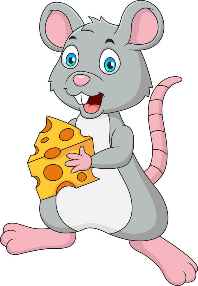 Cute mouse cartoon holding cheese. Illustration of cute animal mascot vector