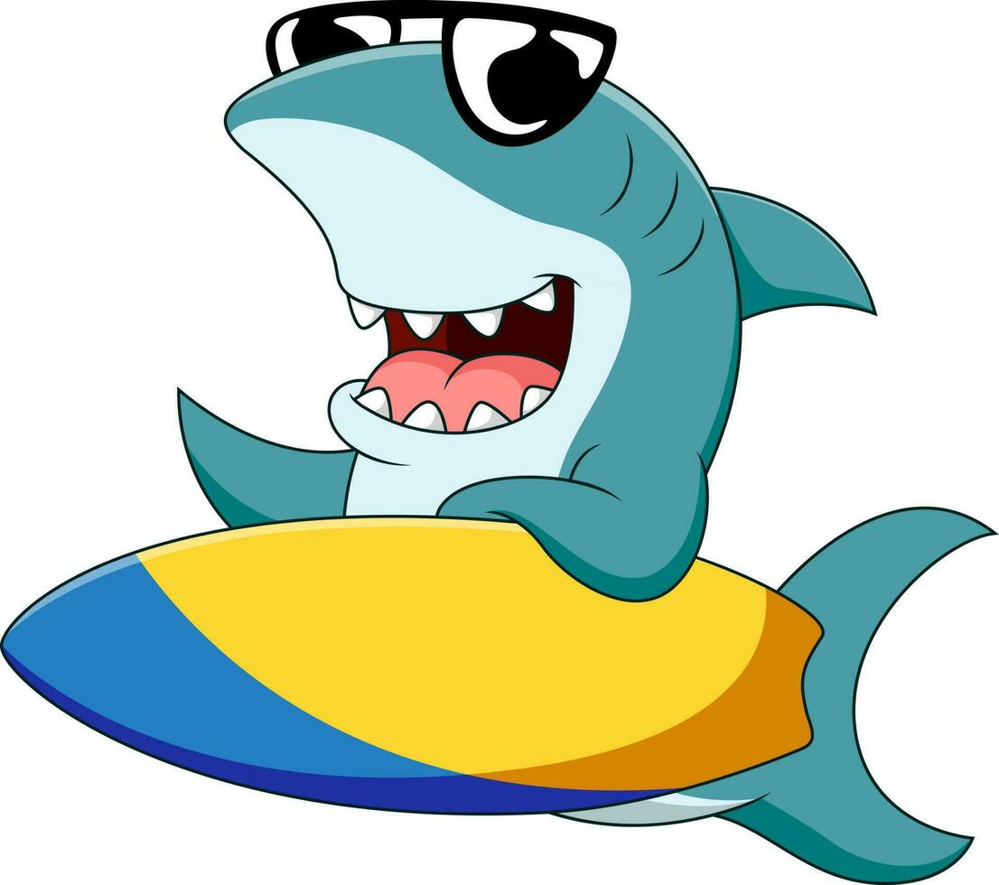 linda tiburón mascota dibujos animados con lentes y tabla de surf en verano vector