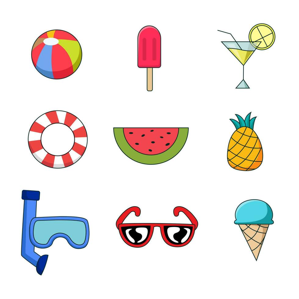 summer icons set in cartoon style. Vector illustration