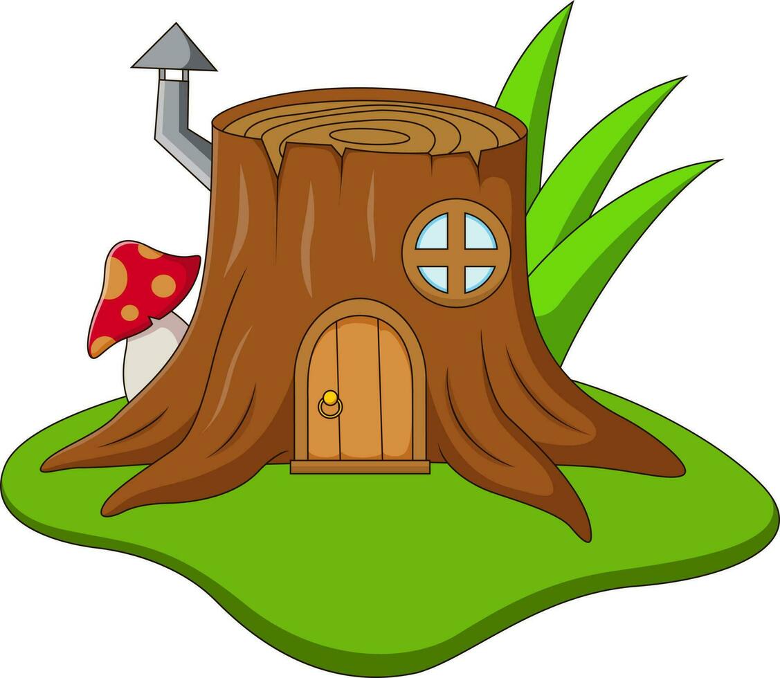 Tree stump fairy house cartoon illustration vector