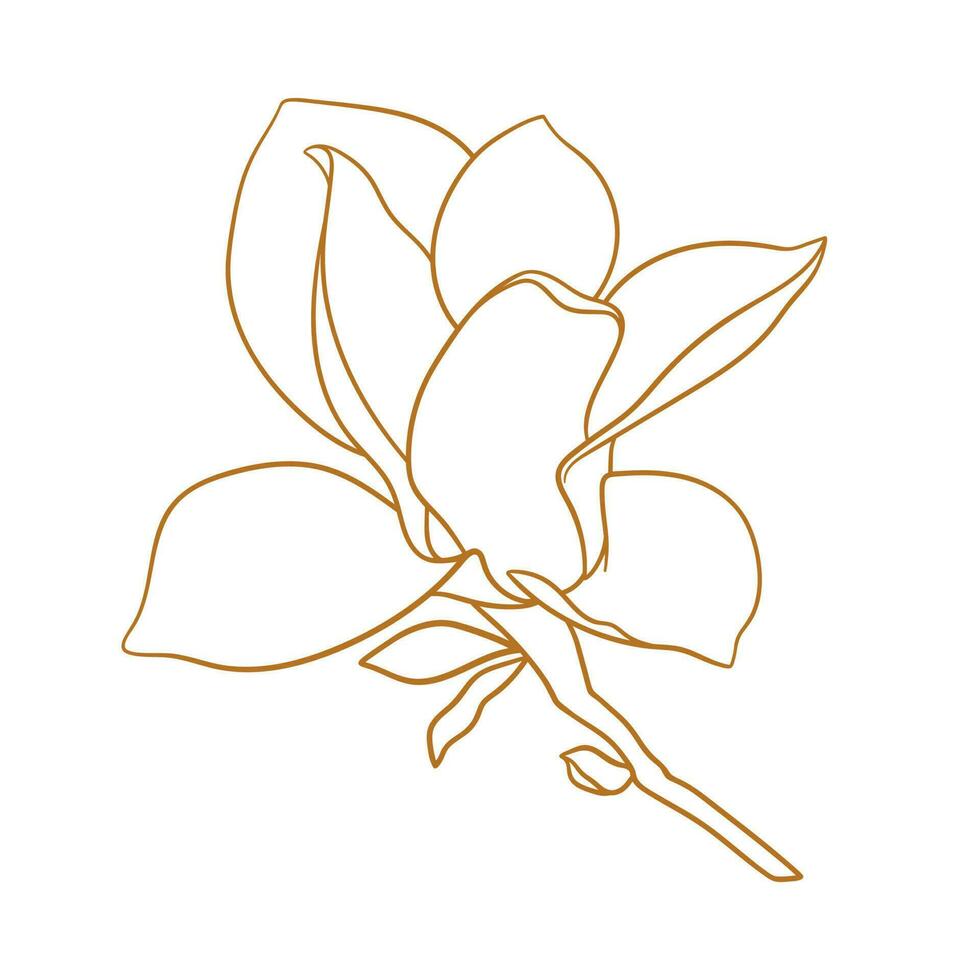 Magnolia flower with branch in gold color. vector