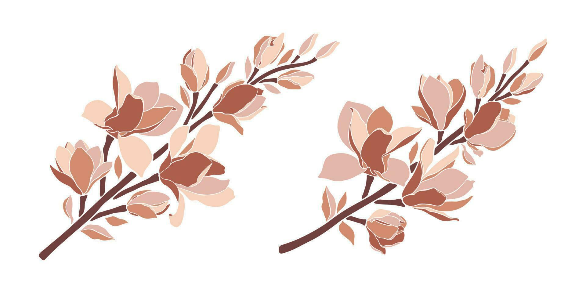 Set of magnolia branches in pastel color palette on white background. vector