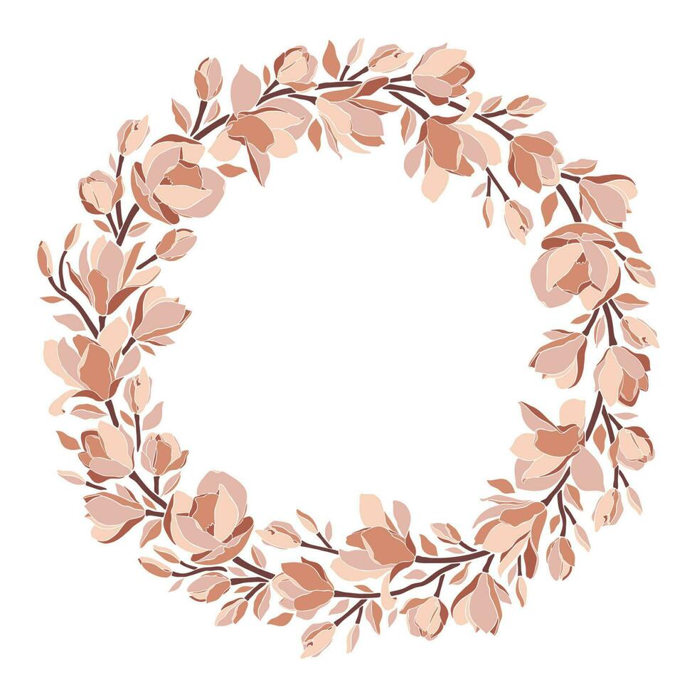 Floral frame, wreath with magnolia blooming flowers. vector