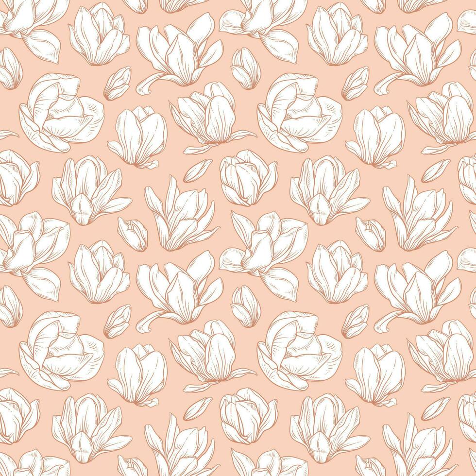 Seamless pattern with blooming magnolia flowers in sketch style. vector