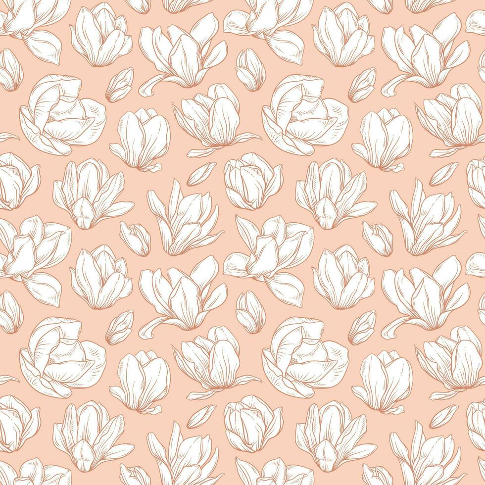 Seamless pattern with blooming magnolia flowers in sketch style. vector