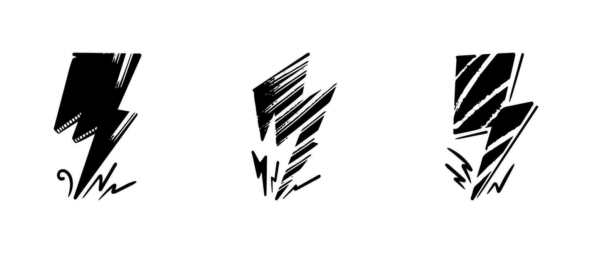 set of hand drawn vector doodle electric lightning bolt symbol sketch illustrations. thunder, vector ilustration