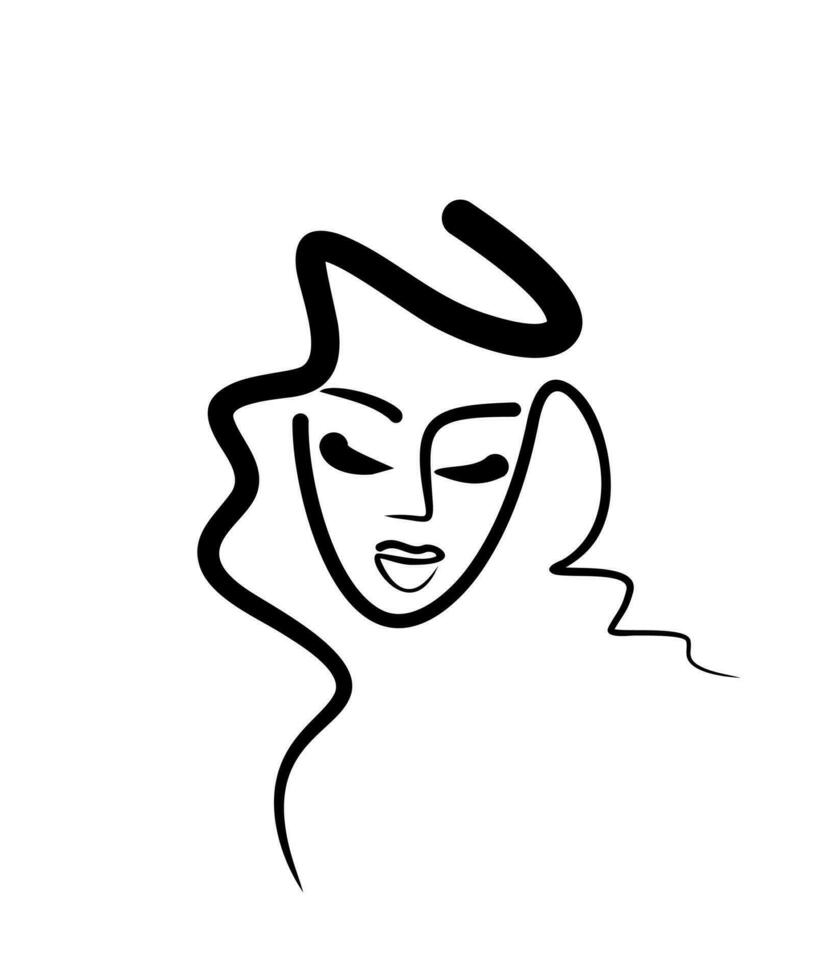 Barber logo. Beauty salon icon. Woman face silhouette sketched. Lush healthy hair, beautiful hairstyle. vector