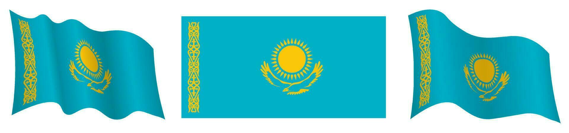 flag of republic of Kazakhstan in static position and in motion, fluttering in wind in exact colors and sizes, on white background vector