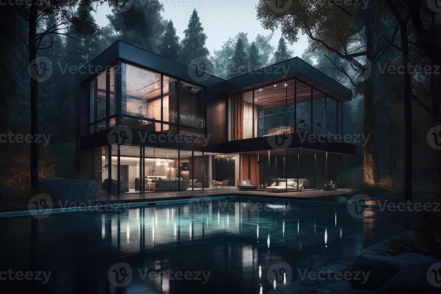 exterior, oscuro lujo casa con nadando piscina en bosque, noche, concepto moderno. . ai generado foto