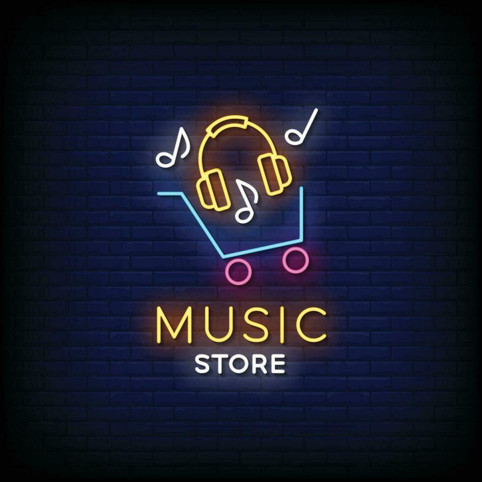 tienda de música de letrero de neón con vector de fondo de pared de ladrillo