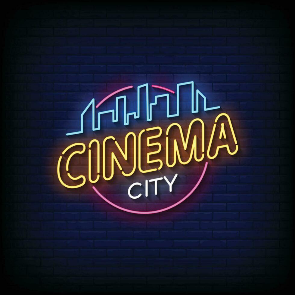 Neon Sign cinema city with brick wall background vector